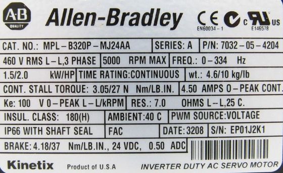 ALLEN-BRADLEY MPL-B320P-MJ22AA Kinetix MPL Low-inertia Servo Motor