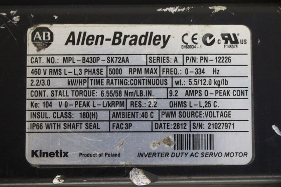 ALLEN-BRADLEY MPL-B430P-SK72AA MP-Series MPL 480V AC Rotary Servo Motor