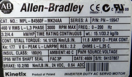 ALLEN-BRADLEY MPL-B4560F-MK24AA MP-Series MPL 480V AC Rotary Servo Motor