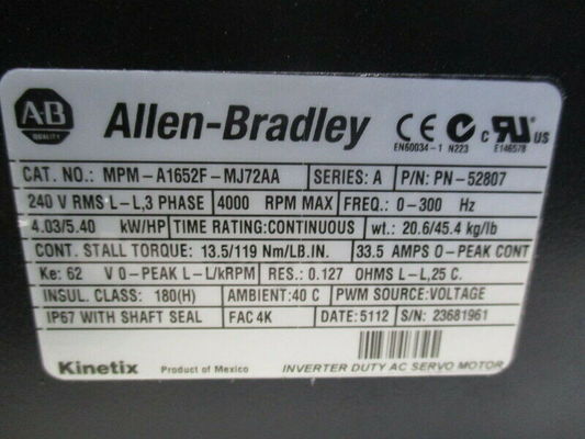 ALLEN-BRADLEY MPM-A1652F-MJ72AA MP-Series MPM 240V AC Rotary Servo Motor