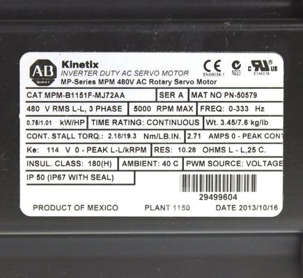 ALLEN-BRADLEY MPM-B1151F-MJ72AA MP-Series MPM 480V AC Rotary Servo Motor