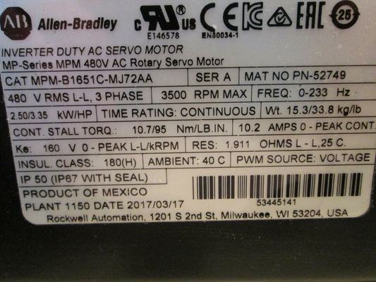ALLEN-BRADLEY MPM-B1651C-MJ72AA MP-Series MPM 480V AC Rotary Servo Motor