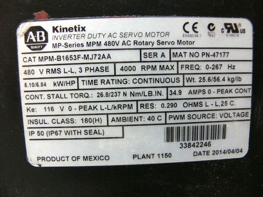 ALLEN-BRADLEY MPM-B1653F-MJ72AA MP-Series MPM 480V AC Rotary Servo Motor