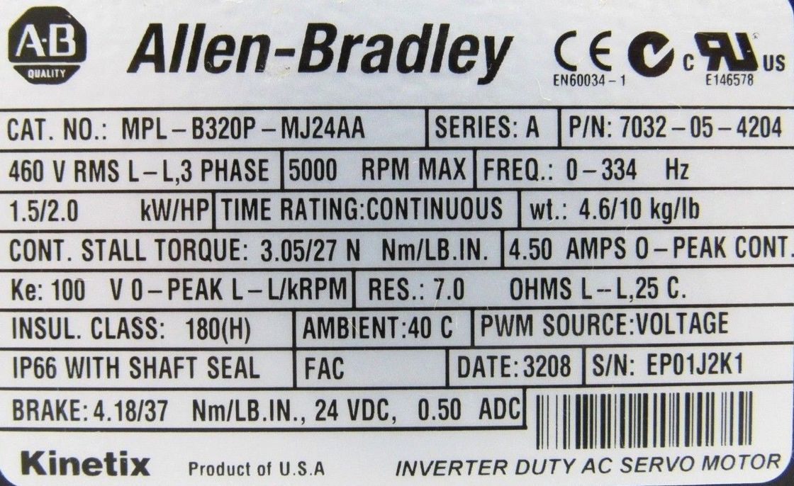 ALLEN-BRADLEY MPL-B320P-MJ24AA MP-Series MPL 480V AC Rotary Servo Motor