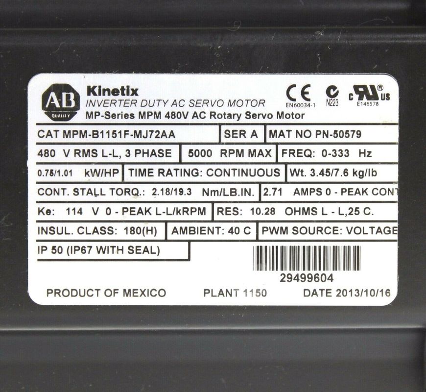 ALLEN-BRADLEY MPM-B1151F-MJ72AA MP-Series MPM 480V AC Rotary Servo Motor