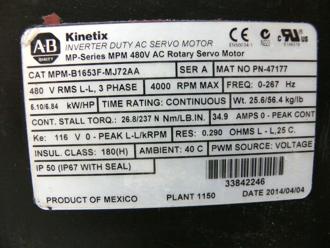 ALLEN-BRADLEY MPM-B1653F-MJ72AA MP-Series MPM 480V AC Rotary Servo Motor